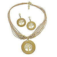 Gold-accented beaded golden grass jewelry set, 'Resplendent Tree' - Gold-Accented Beaded Golden Grass Necklace and Earrings