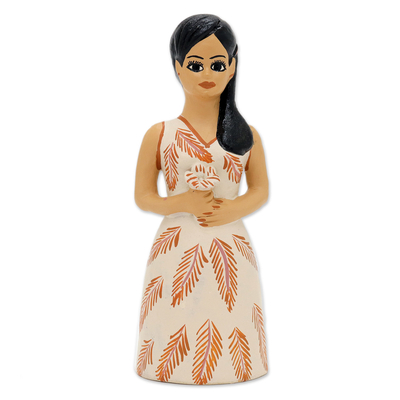Figura de cerámica, 'Jurema' - Figura de cerámica de mujer con vestido con temática de flores y hojas