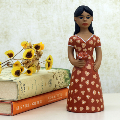 Ceramic figurine, 'Amanda' - Hand-Painted Ceramic Figurine of Woman Holding A Flower