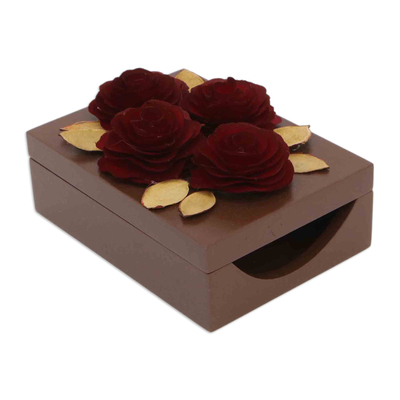 Wood decorative box, 'Chic Rose' - Wood Decorative Box with Roses Carved and Dyed by Hand