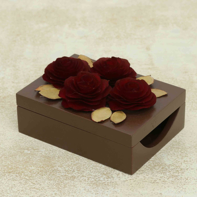 Caja decorativa de madera - Caja Decorativa de Madera con Rosas Talladas y Teñidas a Mano