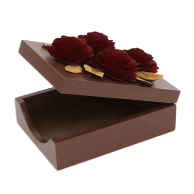 Caja decorativa de madera - Caja Decorativa de Madera con Rosas Talladas y Teñidas a Mano