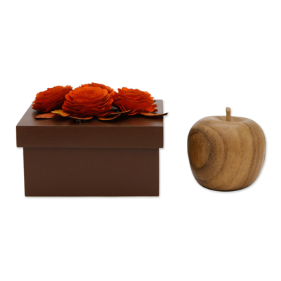 Caja decorativa de madera - Caja Decorativa de Madera con Rosas Rojas Talladas y Teñidas a Mano