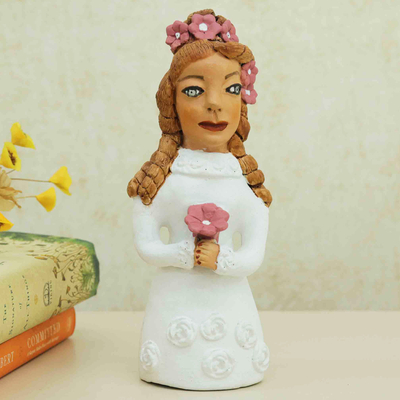 Keramikfigur - Handbemalte Keramikfigur der Braut mit Blumen