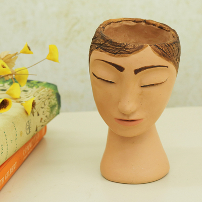 Ceramic vase, 'Masculine Blossoming' - Handcrafted Ceramic Vase of a Man Painted in Warm Hues
