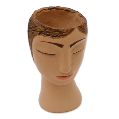 Ceramic vase, 'Masculine Blossoming' - Handcrafted Ceramic Vase of a Man Painted in Warm Hues