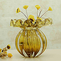 Handblown art glass vase, 'Manor Illusions' - Handblown Murano-Inspired Art Glass Vase in an Amber Hue