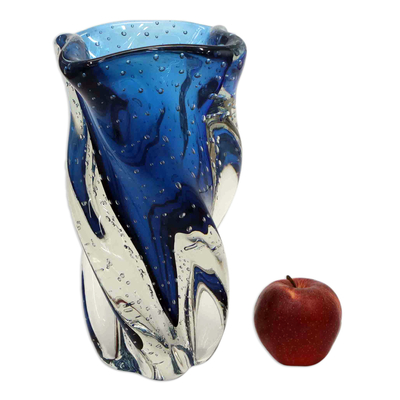Jarrón de vidrio de arte soplado a mano - Jarrón de cristal de arte azul retorcido inspirado en Murano soplado a mano