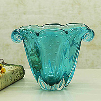 Handblown art glass vase, 'Lagoon Essence' - Tropical Handblown Art Glass Vase in Turquoise
