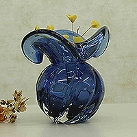Handblown art glass vase, 'Blue Rain' - Handblown Murano-Inspired Art Glass Vase with Curved Edges