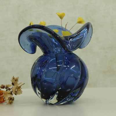 Handblown art glass vase, Blue Rain