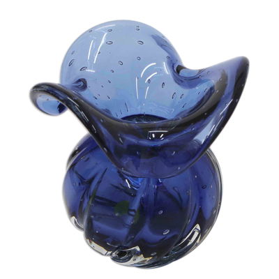 Jarrón de cristal artístico soplado a mano, 'Blue Rain' - Jarrón de cristal artístico inspirado en Murano con bordes curvos