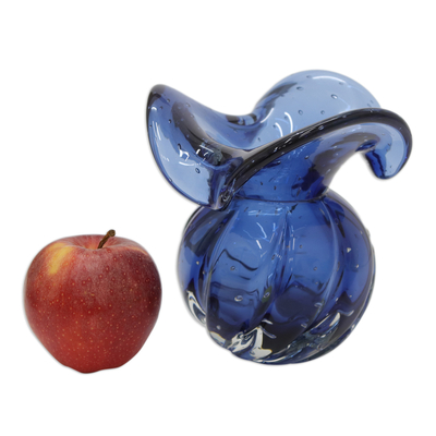 Handblown art glass vase, 'Blue Rain' - Handblown Murano-Inspired Art Glass Vase with Curved Edges