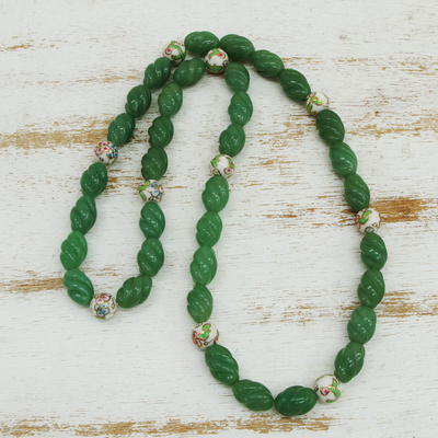 Green quartz and brass beaded necklace, 'Green Awakening' - Green Quartz Beaded Necklace with Floral Cloisonné Accents