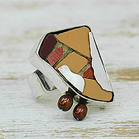 Cultured pearl and ceramic cocktail ring, 'Pearly Mosaic' - Modern Cocktail Ring with Ceramic Accents and Brown Pearls