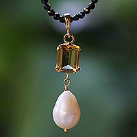 Gold-accented multi-gemstone beaded pendant necklace, 'Classical Dame' - 18k Gold-Accented Spinel Necklace with Citrine Gem and Pearl