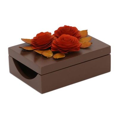Wood decorative box, 'Fabulous Rose' - Wood Decorative Box with Orange Roses Hand-Carved in Brazil
