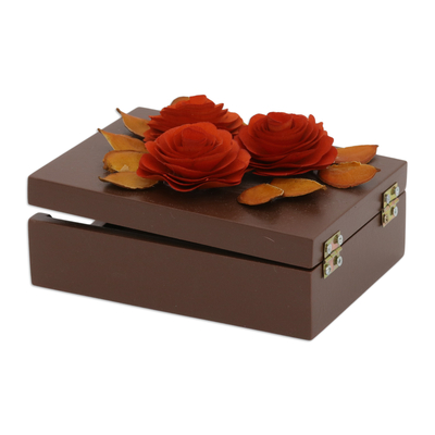 Wood decorative box, 'Fabulous Rose' - Wood Decorative Box with Orange Roses Hand-Carved in Brazil