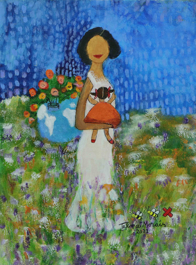 Acrylic Painting of Woman and Child in Abstract & Naif Style