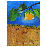 'Pequi Fruit Season' - Pintura de paisaje acrílica de la fruta brasileña Pequi