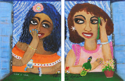 Colorful Acrylic on Canvas Diptych of Women in Naif Style