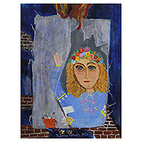 'Window in Ukraine' - Acrylic on Canvas Naif Painting of Ukrainian Child in Window