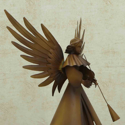 Iron statuette, 'Celestial Melody' - Angel and Trumpet Iron Statuette Handcrafted in Brazil