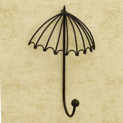 Iron wall hook, 'Umbrella Illusion' - Handcrafted Whimsical Umbrella-Shaped Iron Wall Hook