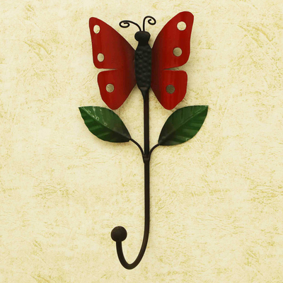 Gancho de pared de hierro - Gancho de pared de hierro con hojas hecho a mano con mariposa roja