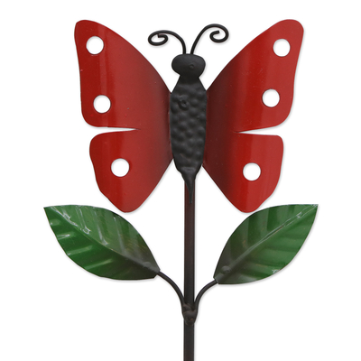 Iron wall hook, 'Passion Butterfly' - Handcrafted Leafy Iron Wall Hook with Red Butterfly
