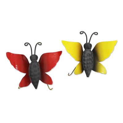 Iron wall sculptures, 'Magical Happiness' (set of 2) - Set of 2 Butterfly-Themed Wall Sculptures in Red and Yellow