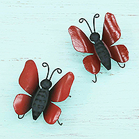 Iron wall sculptures, 'Magical Passion' (set of 2) - Set of 2 Butterfly-Themed Wall Sculptures in Red and Black