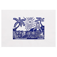 „Sea Mermaid“ – Tropischer, signierter, ungedehnter blau-weißer Holzschnittdruck