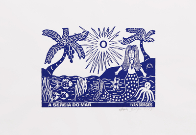 'Sea Mermaid' - Tropischer signierter ungedehnter blau-weißer Holzschnittdruck