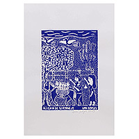 'Sertanejo's Joy' - Traditional Signed Unstretched Blue and White Woodcut Print