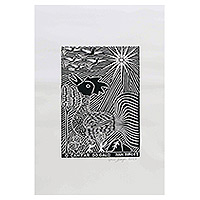 'Rooster Crow' - Signed Handcrafted Rooster Woodcut Print in Black and White