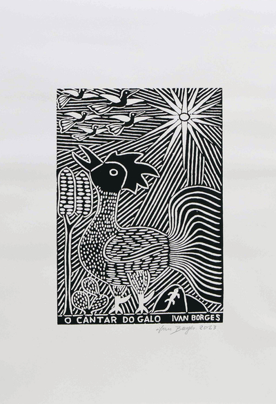 Signed Handcrafted Rooster Woodcut Print in Black and White