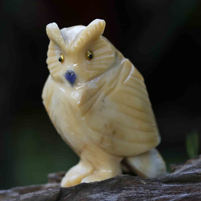 Jade sculpture, 'Joyful Energies' - Handcrafted Yellow Jade Sculpture of an Owl from Brazil