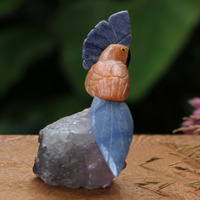 Gemstone sculpture, 'Confident Cockatoo' - Cockatoo Sculpture Handcrafted from Calcite and Blue Quartz