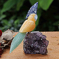 Escultura de piedras preciosas, 'Cacatúa vivaz' - Escultura de cacatúa hecha a mano con varias piedras preciosas