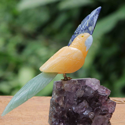 Edelsteinskulptur - Kakadu-Skulptur, handgefertigt aus mehreren Edelsteinen