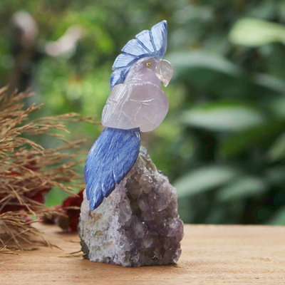 escultura de piedras preciosas - Escultura de cacatúa hecha a mano con amatista y cuarzo azul