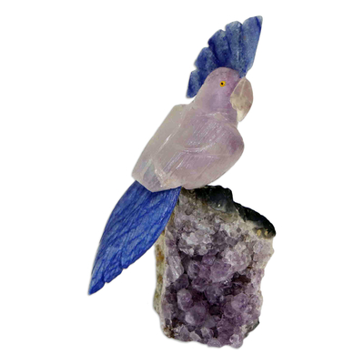 Gemstone sculpture, 'Wise Cockatoo' - Cockatoo Sculpture Handcrafted from Amethyst and Blue Quartz