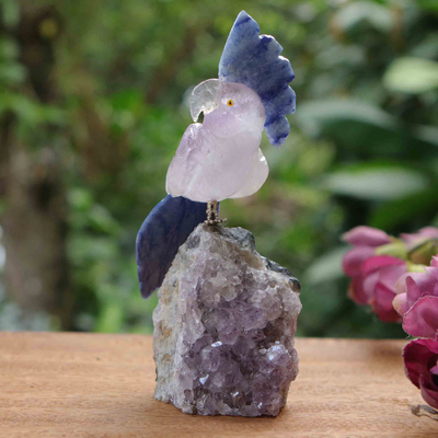 escultura de piedras preciosas - Escultura de cacatúa hecha a mano con amatista y cuarzo azul