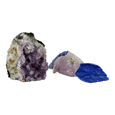 Gemstone sculpture, 'Wise Cockatoo' - Cockatoo Sculpture Handcrafted from Amethyst and Blue Quartz
