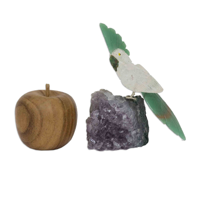 Gemstone sculpture, 'Gentle Cockatoo' - Cockatoo Sculpture Handcrafted from Clear and Green Quartz