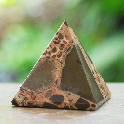 Leopardite sculpture, 'Energies of the World' - Handcrafted Leopardite Pyramid Sculpture from Brazil