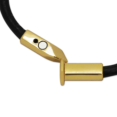 Gold-accented leather cord bracelet, 'Divine Arrow' - 18k Gold-Accented Leather Cord Bracelet in Black from Brazil