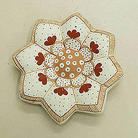 Arte de pared de cerámica, 'Mañana floreciente' - Arte de pared de cerámica marrón y marfil floral pintado a mano