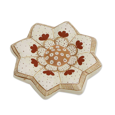 Ceramic wall art, 'Flourishing Morning' - Hand-Painted Floral Ivory and Brown Ceramic Wall Art